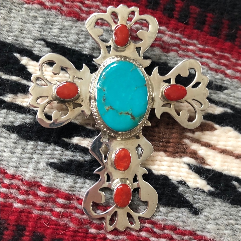 Unique Turquoise, Coral & Sterling Cross